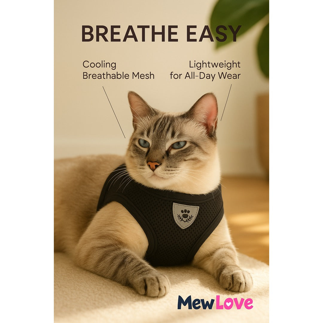 MewLove Cat Harness – Breathable Mesh · Reflective & Secure