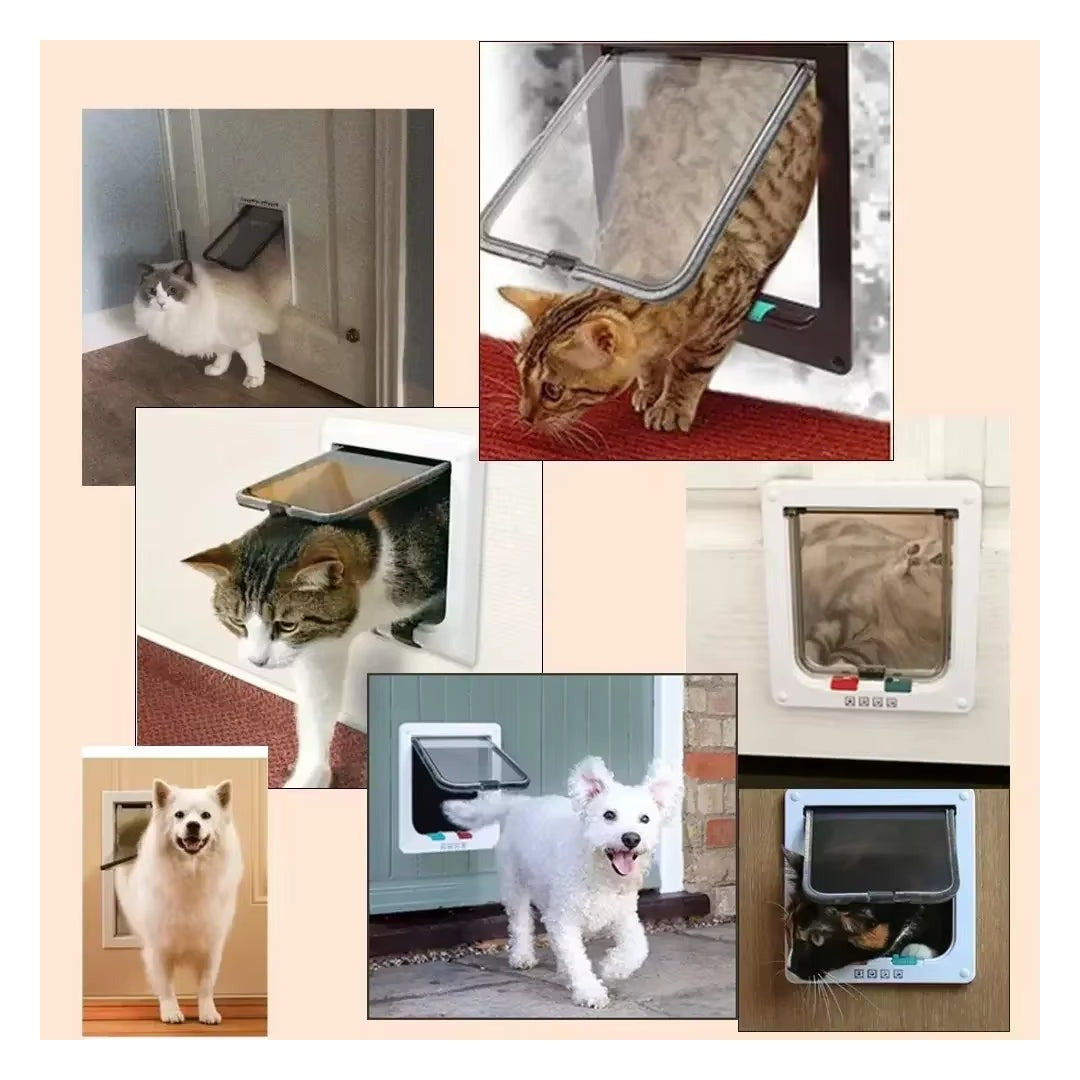 Dog Cat Flap Door with 4 Way Security Lock Flap Door for Dog Cats Kitten ABS Plastic Small Pet Gate Door Kit Cat Dogs Flap Doors