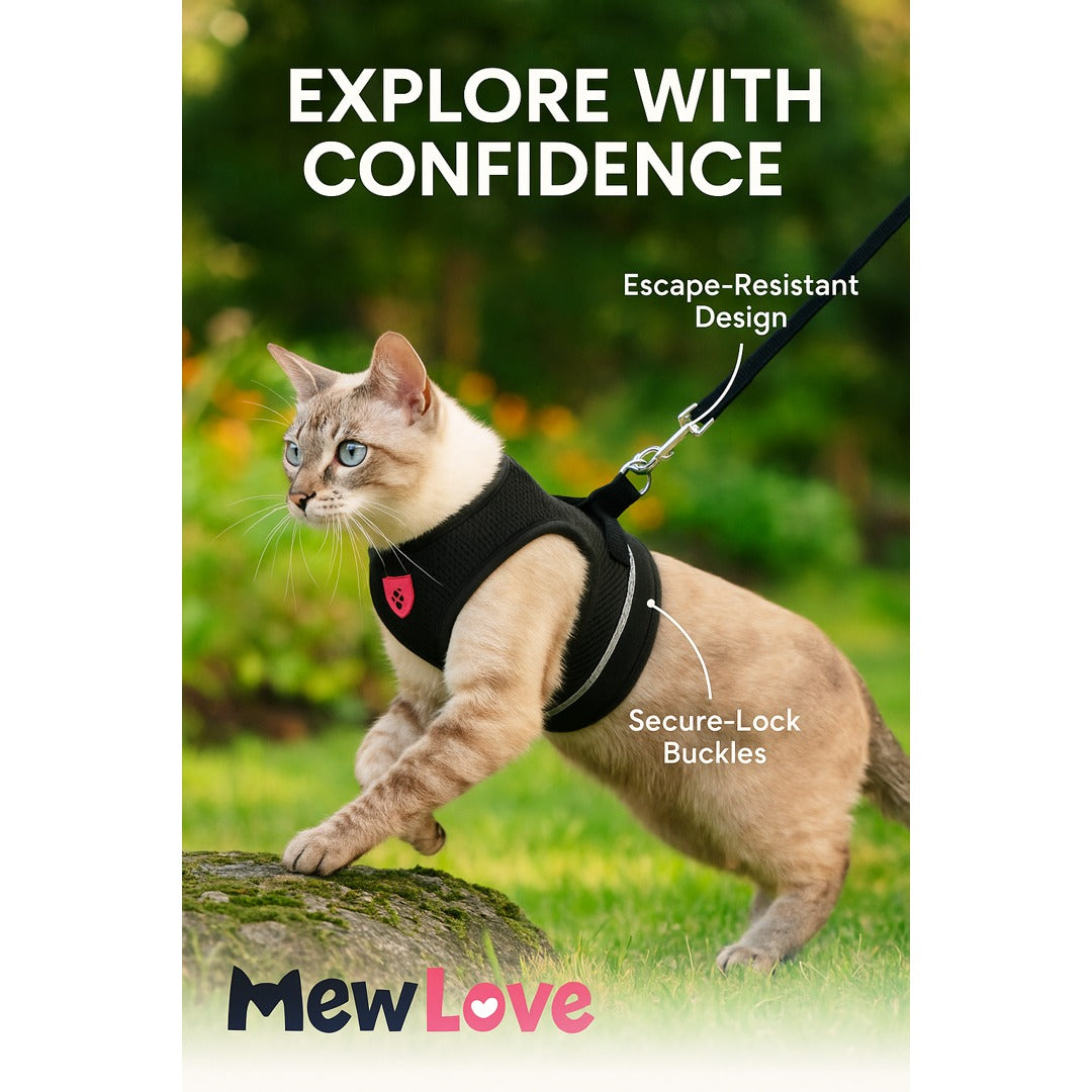 MewLove Cat Harness – Breathable Mesh · Reflective & Secure