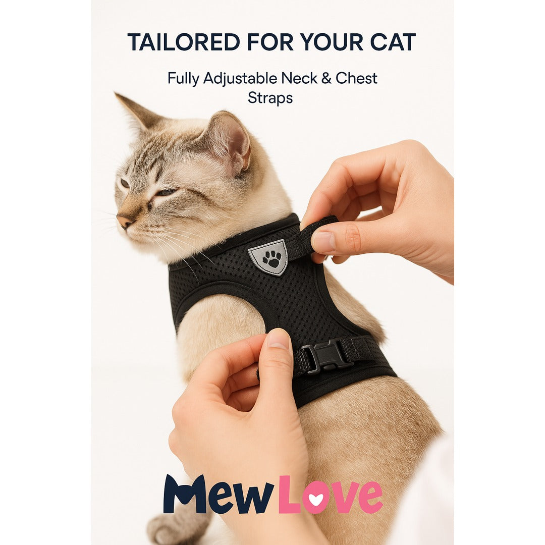 MewLove Cat Harness – Breathable Mesh · Reflective & Secure