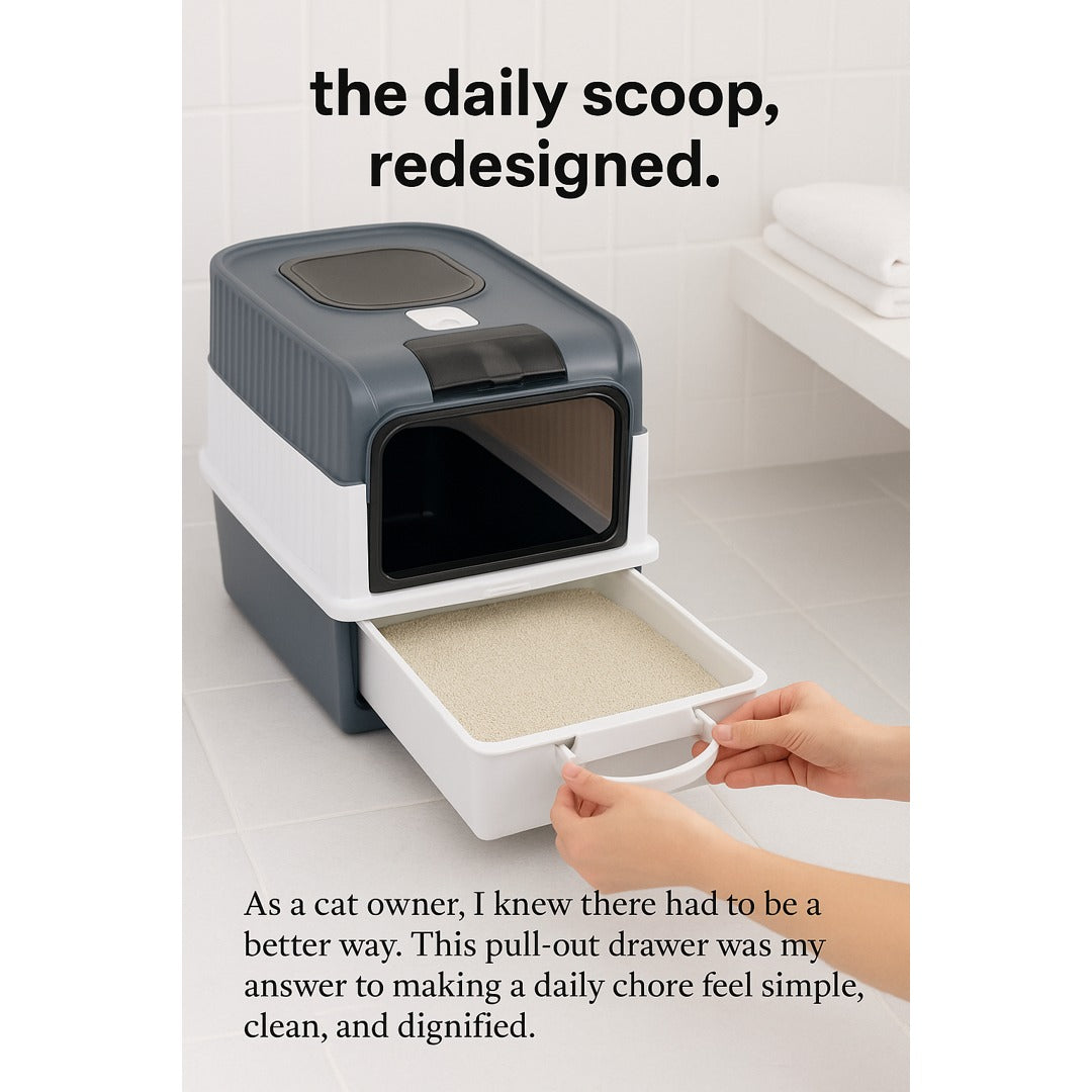 MewLove Covered Cat Litter Box – Pull-Out Drawer · Top Entry