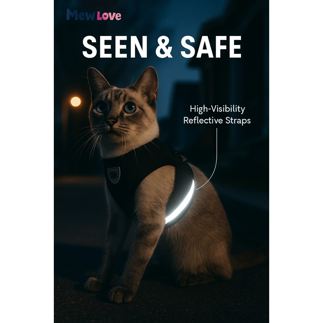MewLove Cat Harness – Breathable Mesh · Reflective & Secure